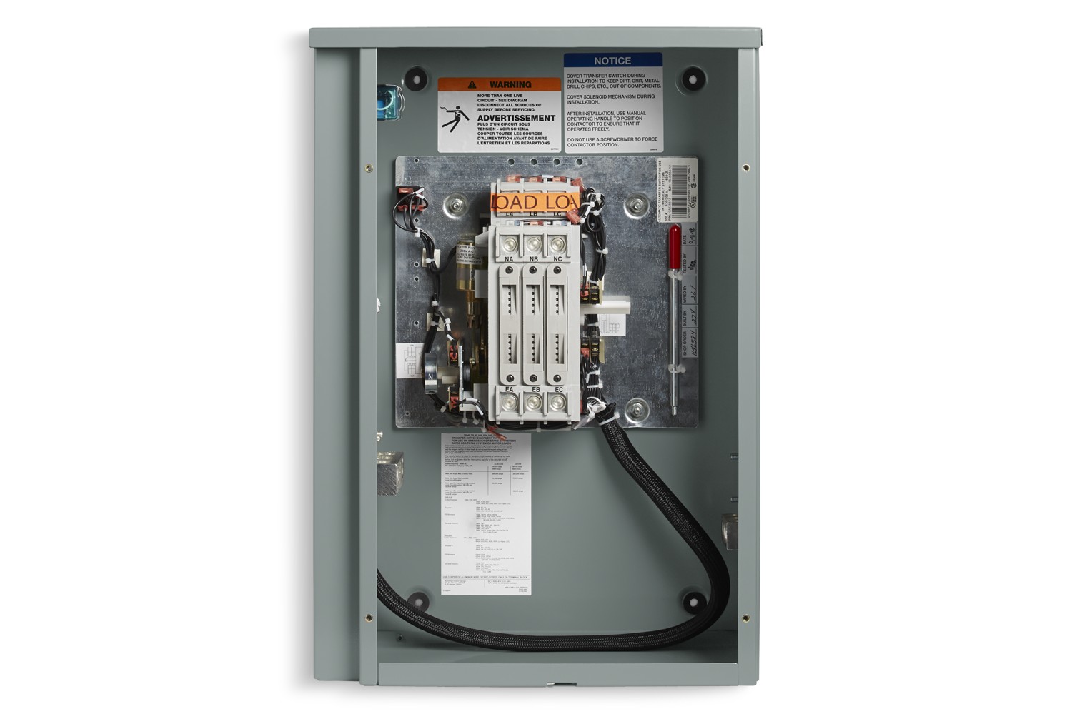 Inside view of a Kohler Automatic Transfer Switch (ATS) Model RXT on empty background