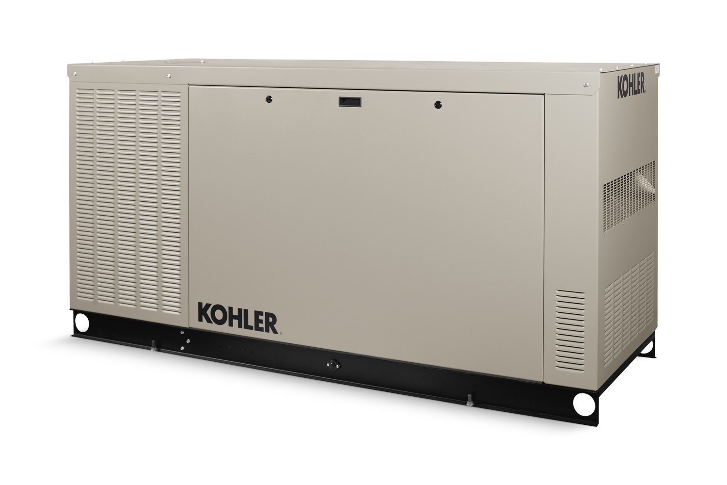 Angled right side view of a Kohler home generator in taupe color on empty background