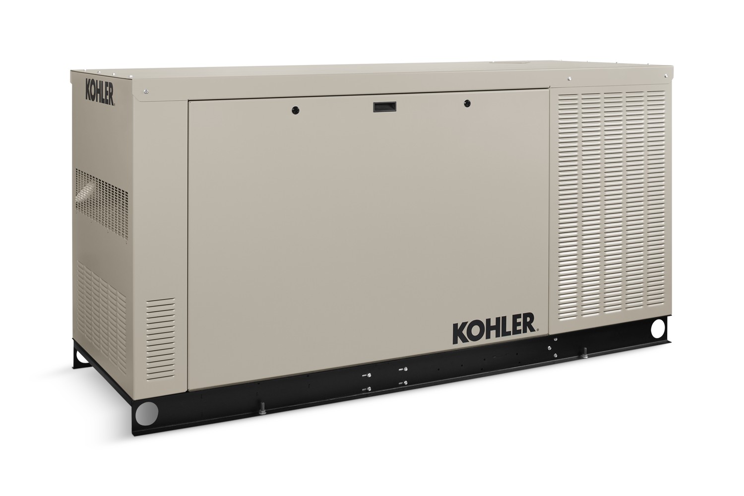 Angled left side view of a Kohler home generator in taupe color on empty background