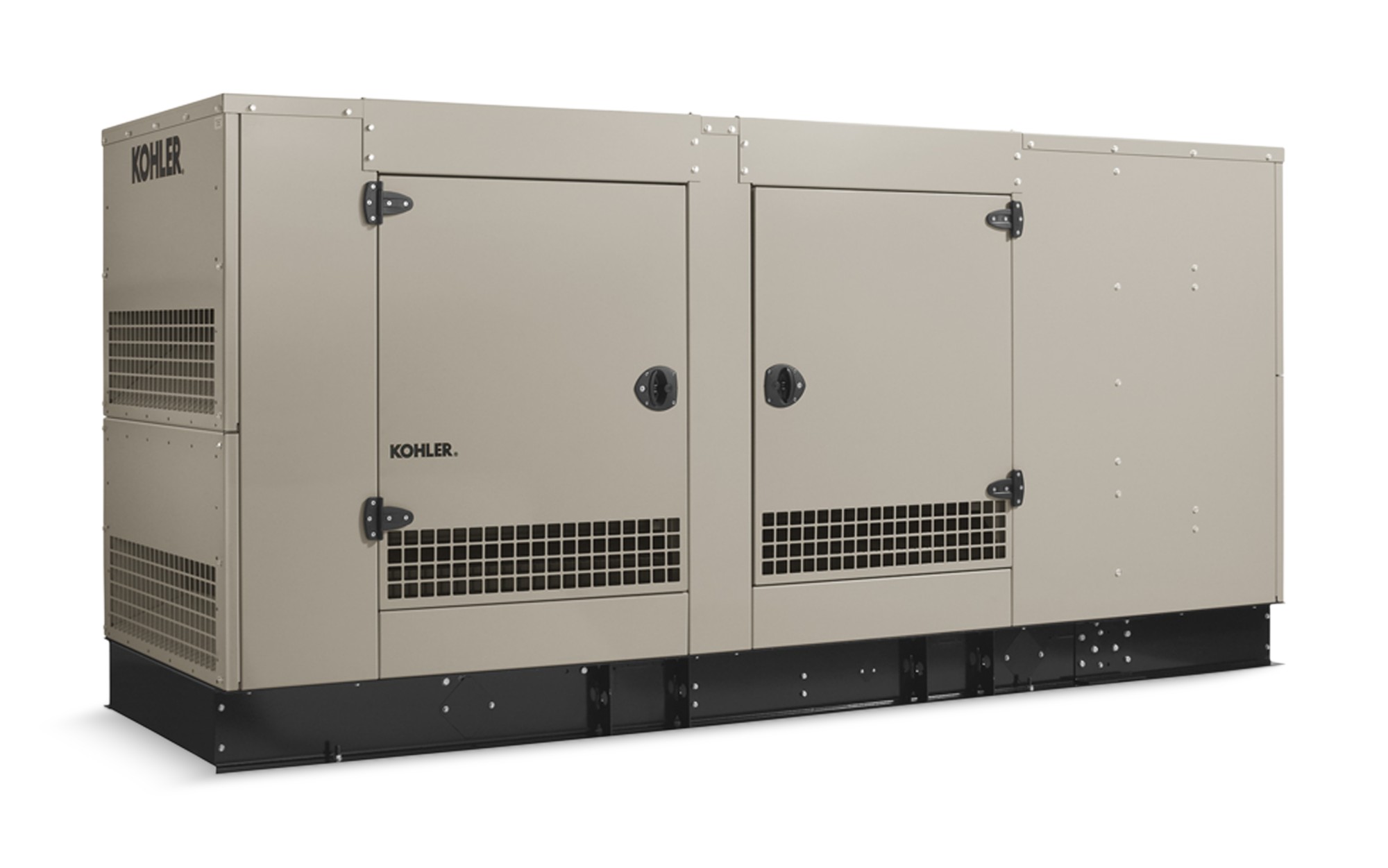 Angled left side view of a Kohler home generator in taupe color on empty background