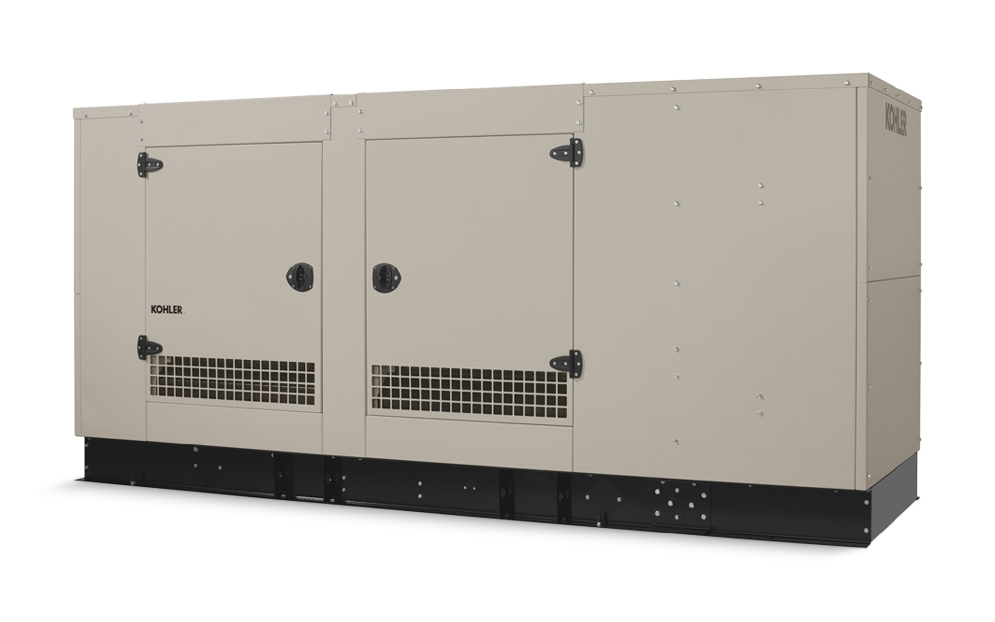 Angled right side view of a Kohler home generator in taupe color on empty background