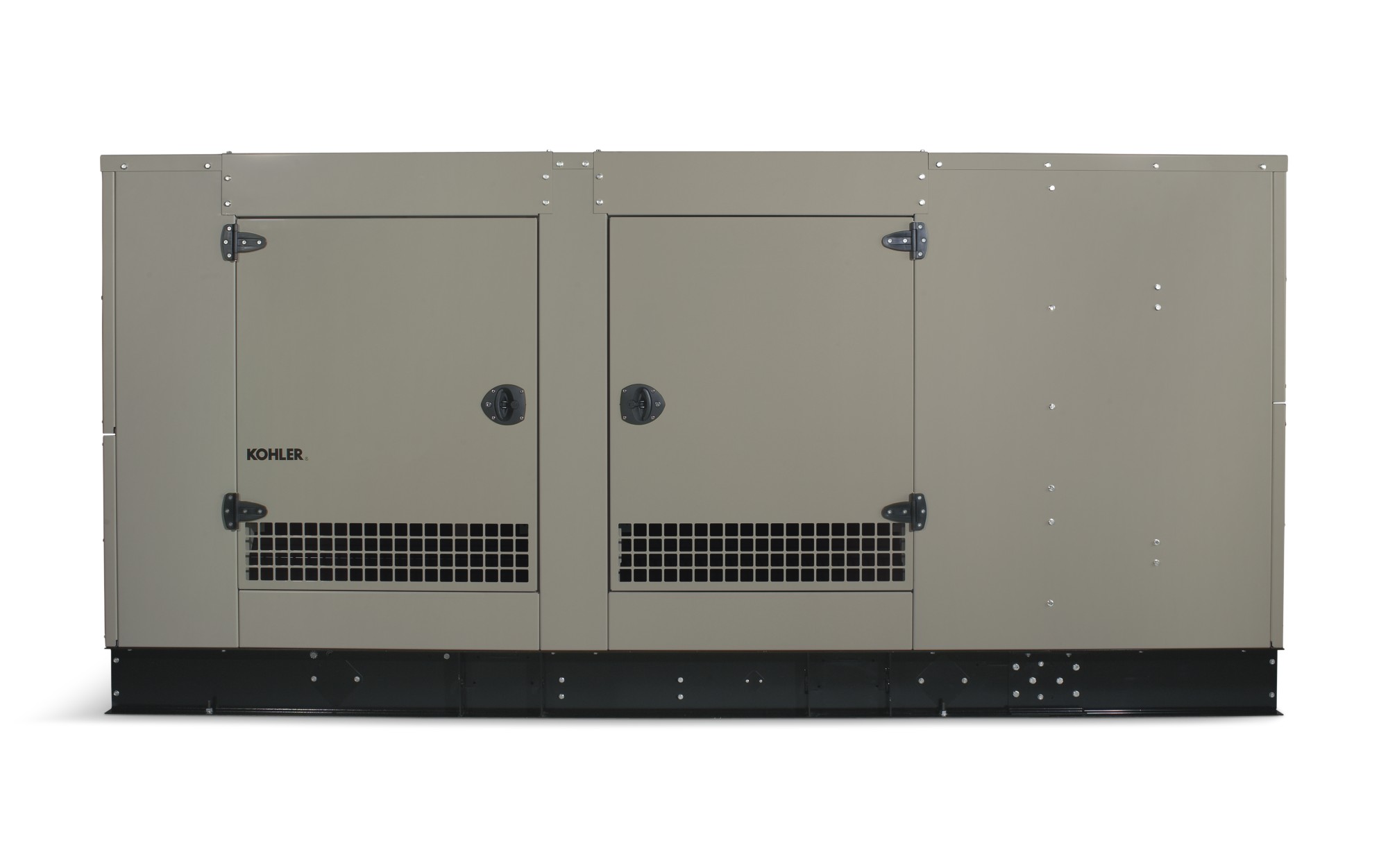 Front view of a Kohler home generator in taupe color on empty background