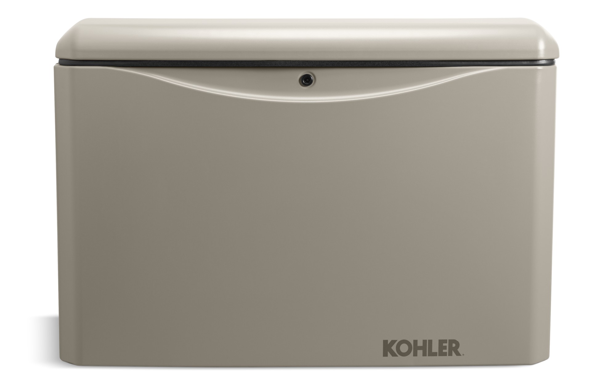 Front view of a Kohler home generator in taupe color on empty background