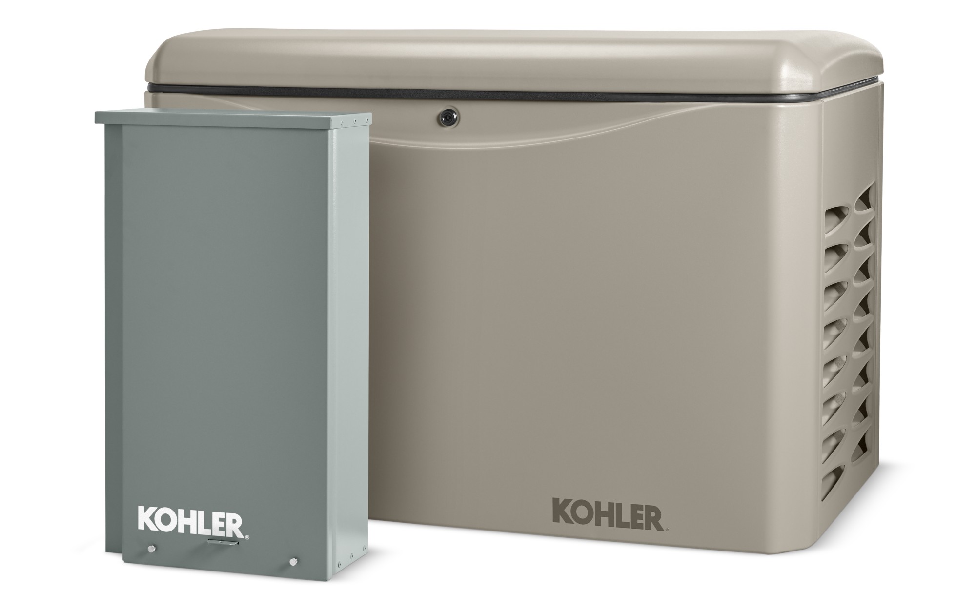 Angled right side view of a Kohler home generator in taupe color with a transfer switch in front on empty background
