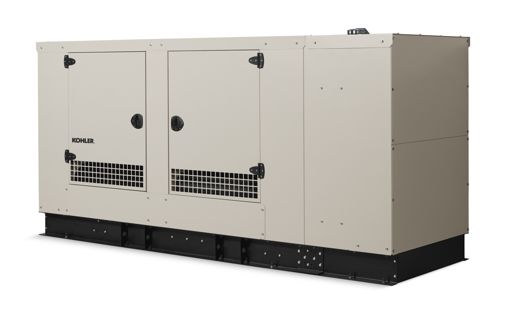 Angled right side view of a Kohler home generator in taupe color on empty background