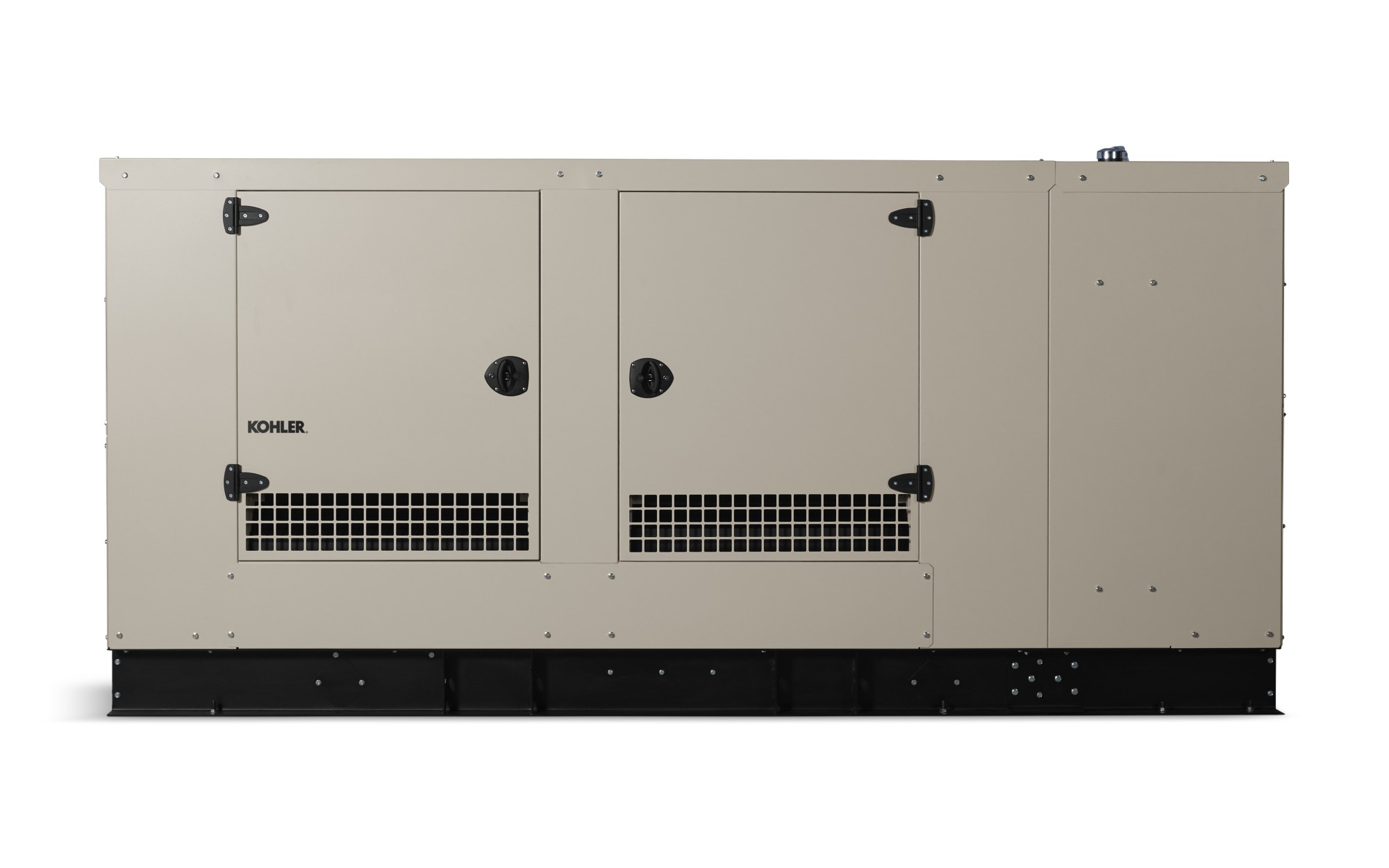 Front view of a Kohler home generator in taupe color on empty background