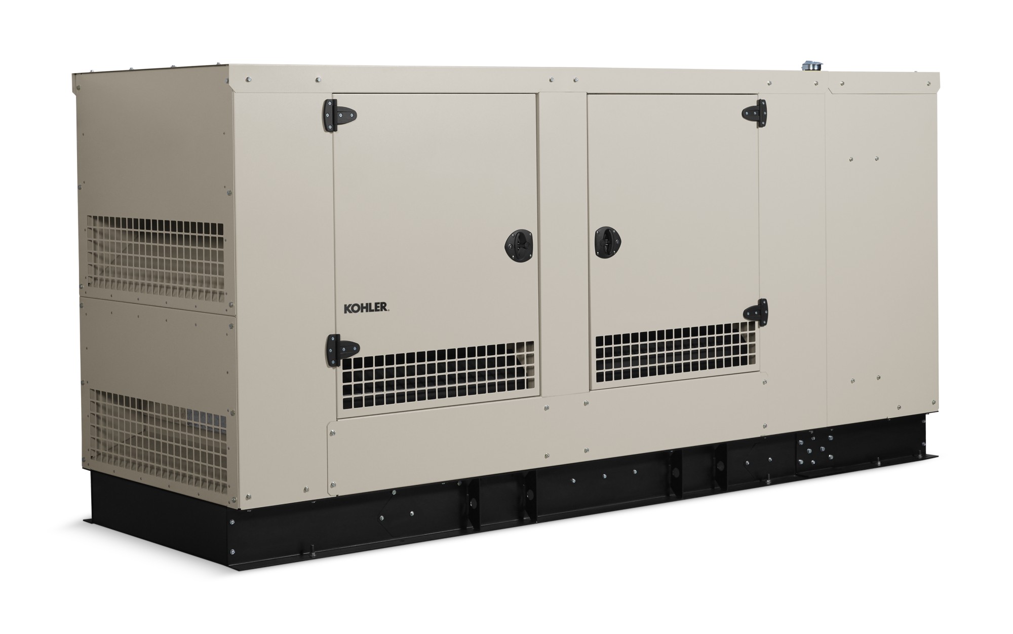 Angled left side view of a Kohler home generator in taupe color on empty background