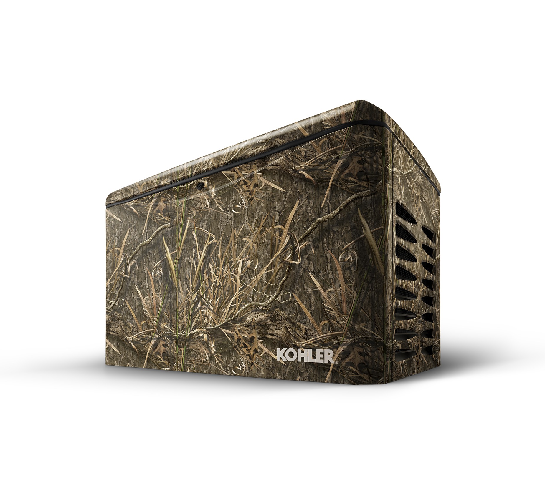 Angled right side view of a Kohler home generator with Mossy Oak Shadow Grass Habitat pattern on empty background