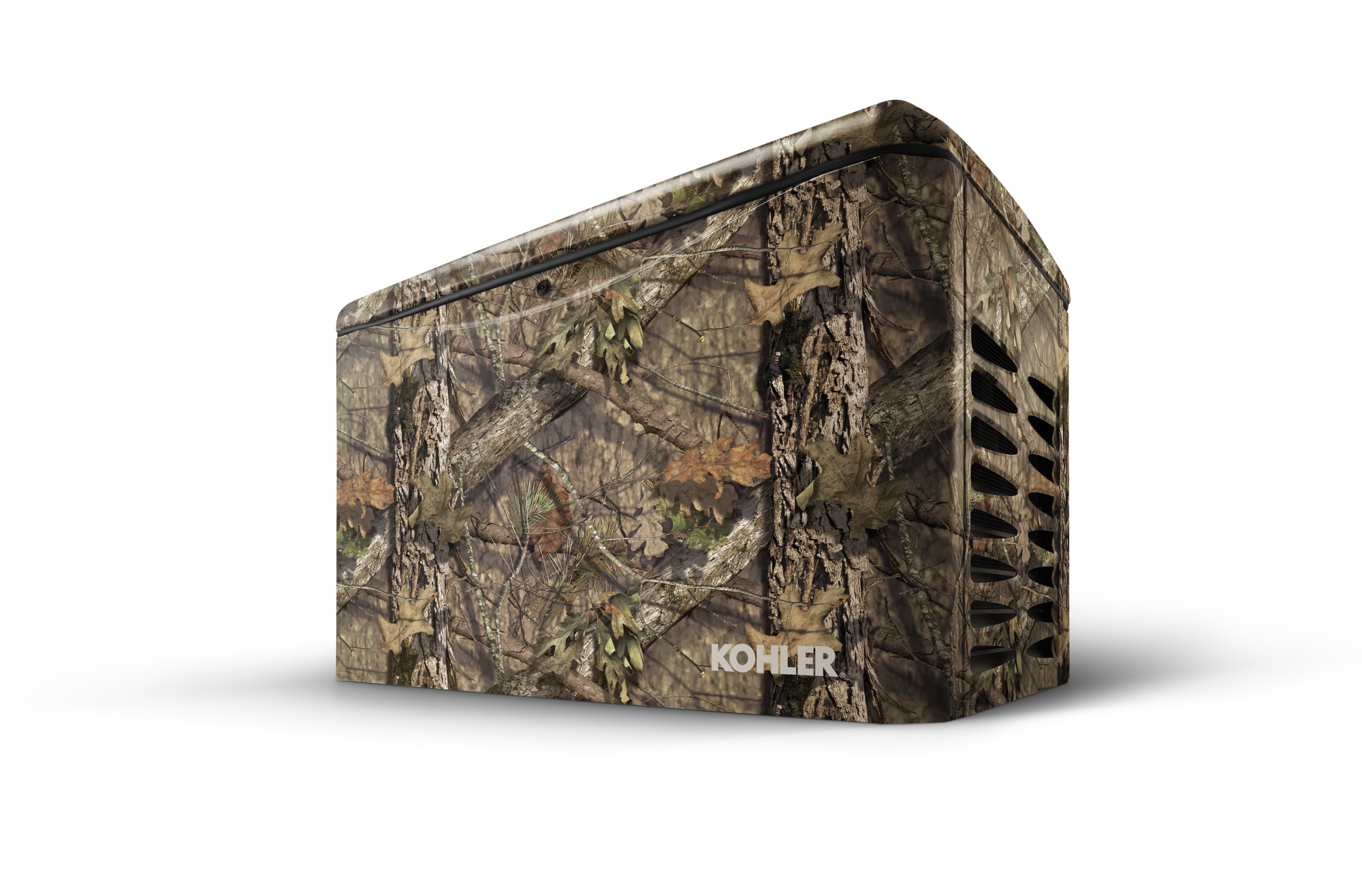 Angled right side view of a Kohler home generator with Mossy Oak BreakUp Country pattern on empty background