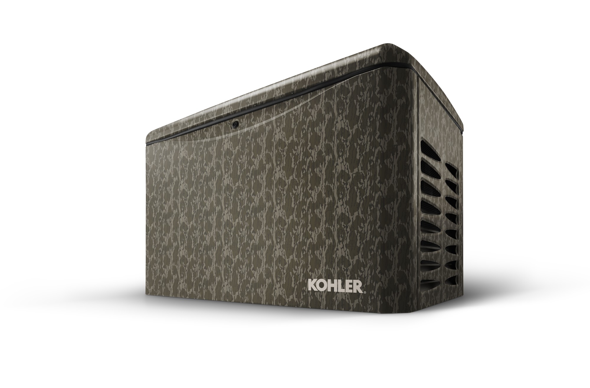Angled right side view of a Kohler home generator with Mossy Oak Bottomland pattern on empty background