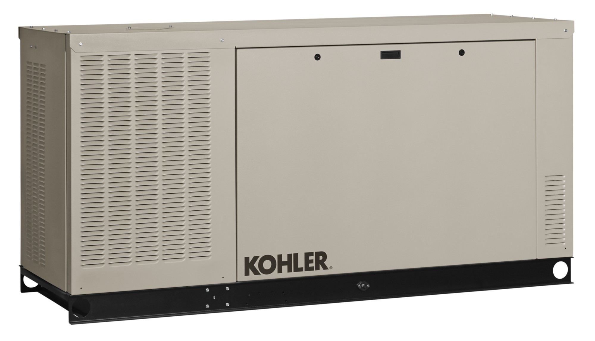 Angled left side view of a Kohler home generator in taupe color on empty background