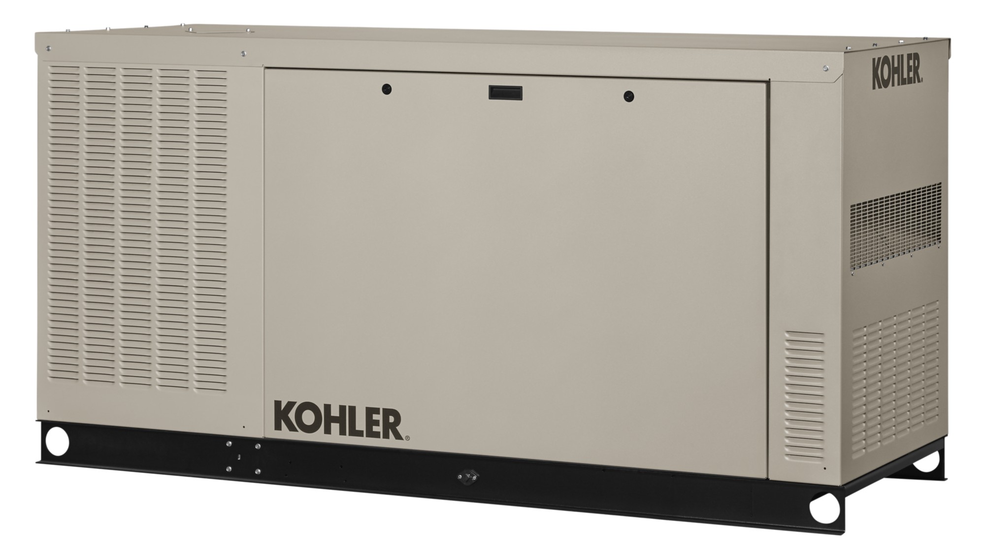Angled right side view of a Kohler home generator in taupe color on empty background