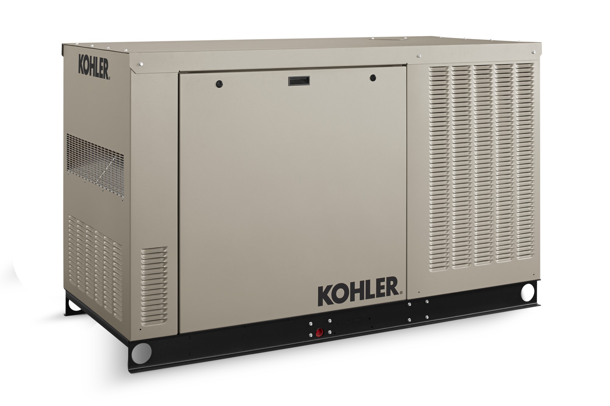 Angled left side view of a Kohler home generator in taupe color on empty background