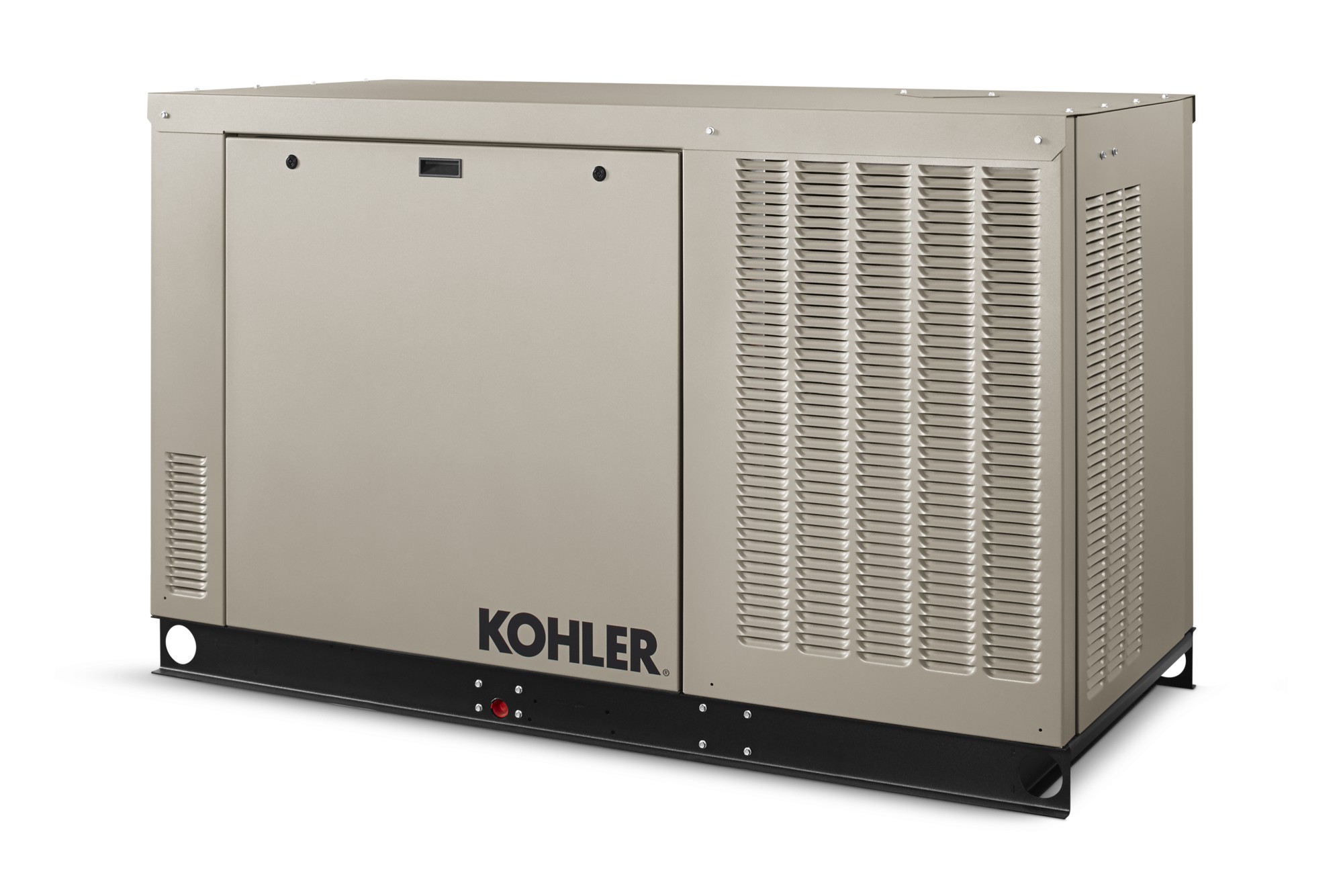 Angled right side view of a Kohler home generator in taupe color on empty background
