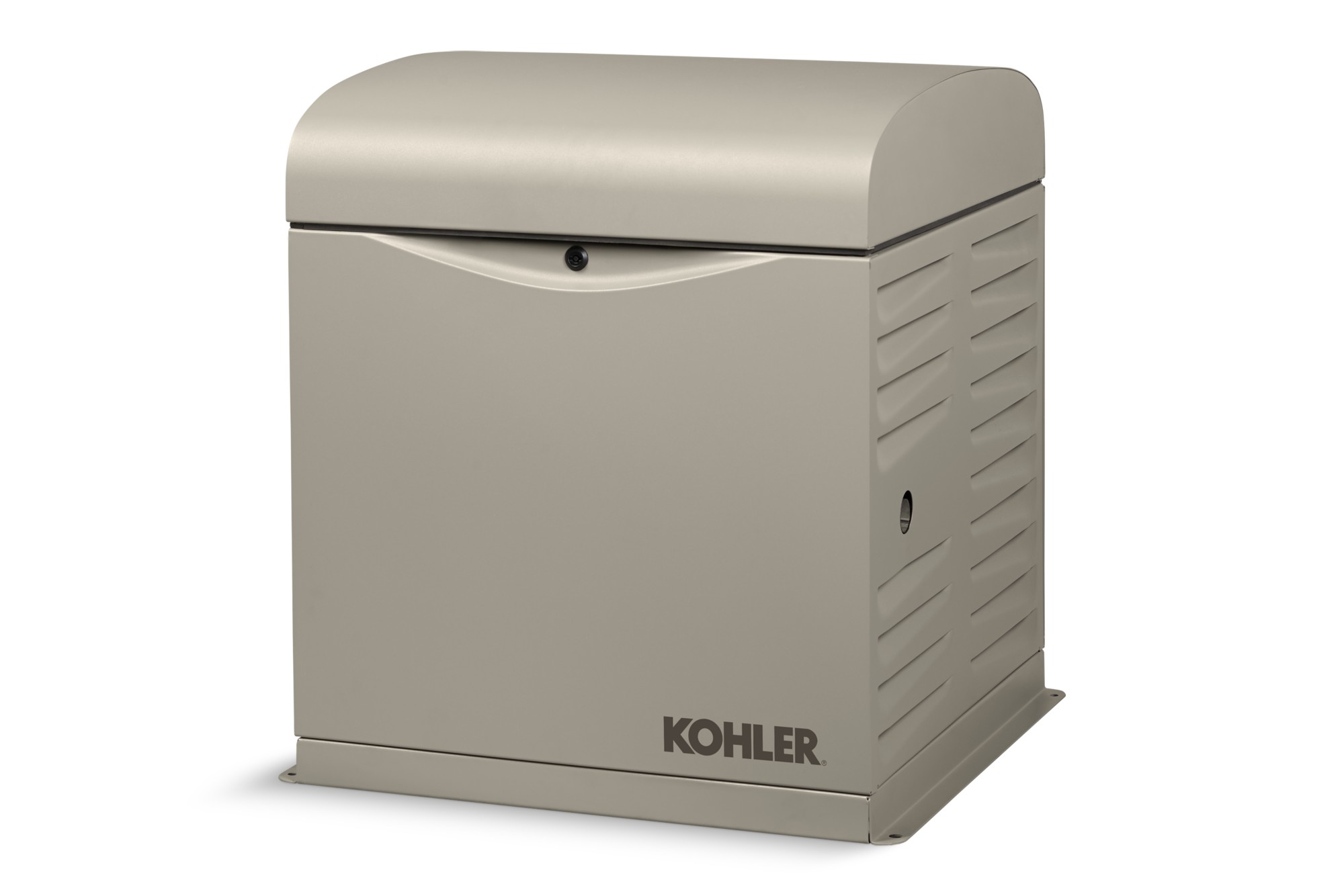 Angled right side view of a Kohler home generator in taupe color on empty background