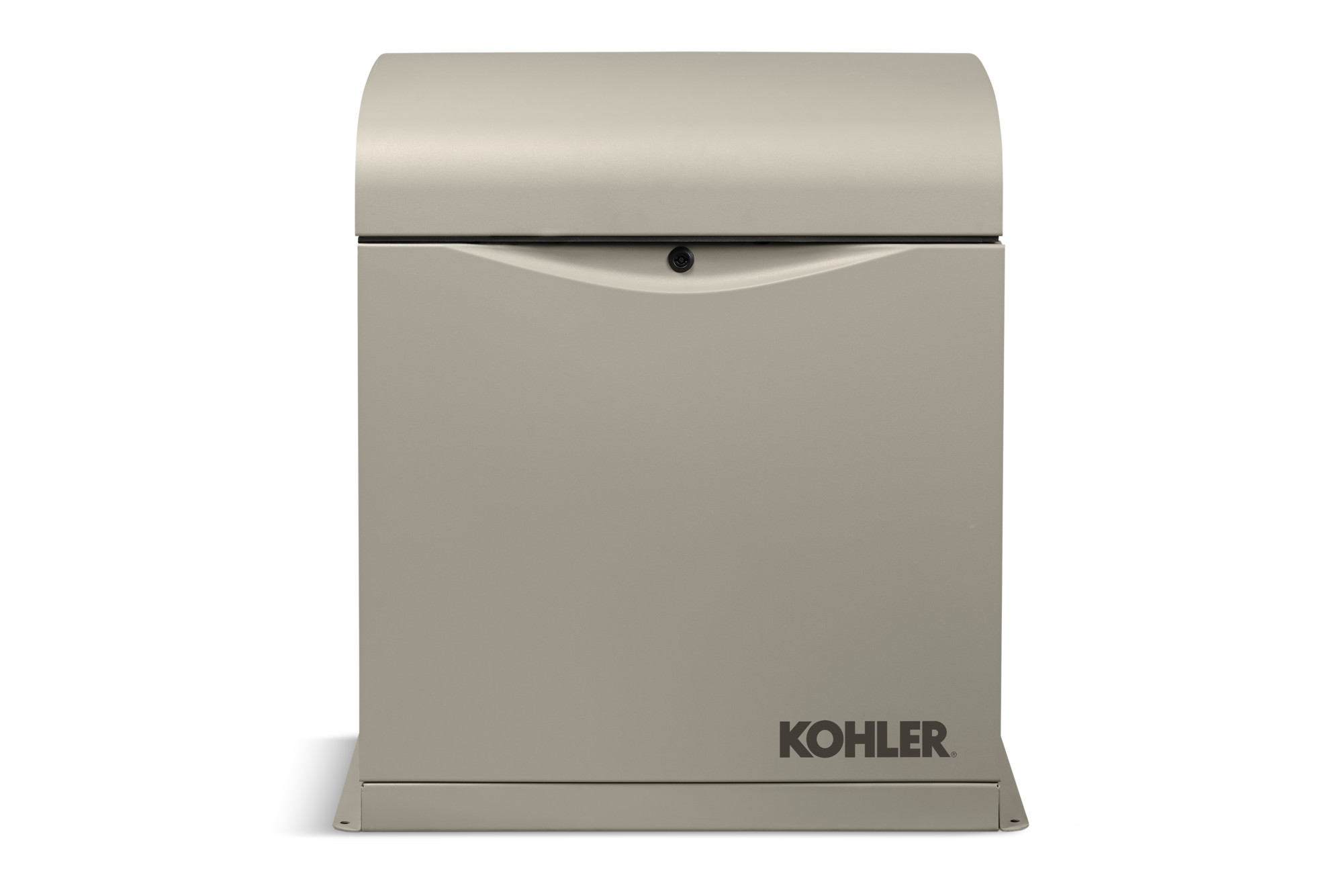 Front view of a Kohler home generator in taupe color on empty background