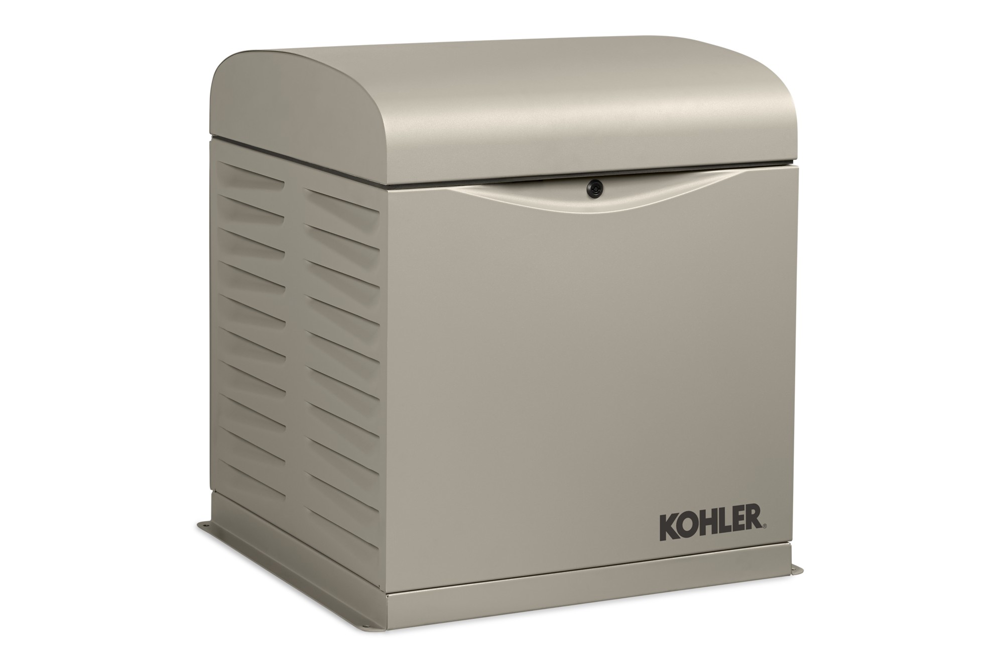 Angled left side view of a Kohler home generator in taupe color on empty background